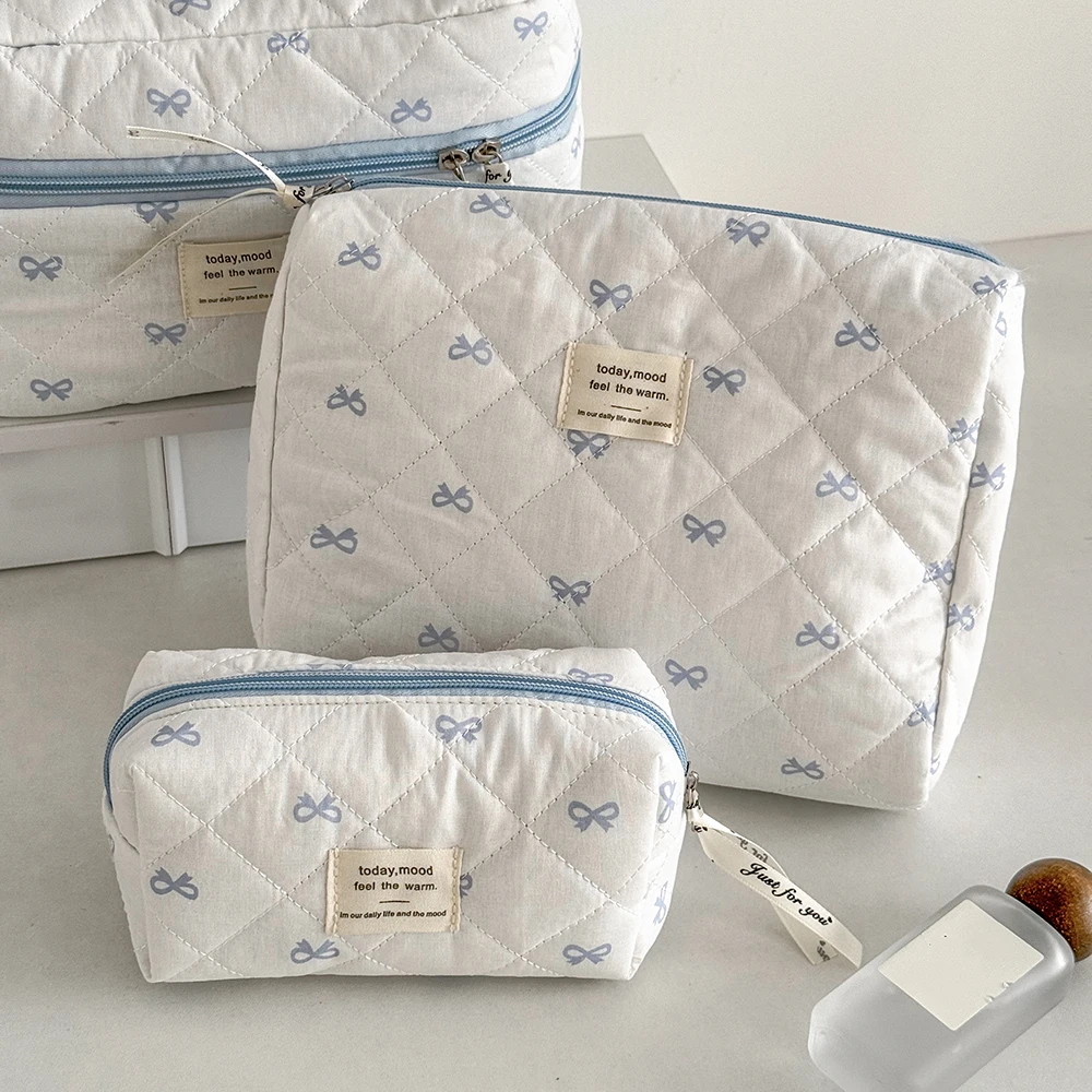 Fashion Blue Bow Quilted Women Cosmetic Bag Large Capacity Makeup Storage Handbag Travel Pouch 3 Type Ladies Zipper Makeup Bag