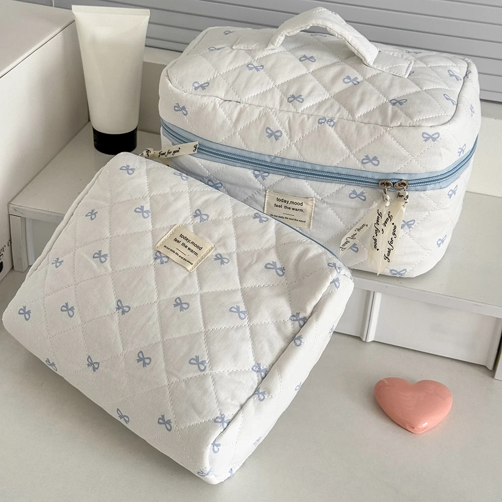 Fashion Blue Bow Quilted Women Cosmetic Bag Large Capacity Makeup Storage Handbag Travel Pouch 3 Type Ladies Zipper Makeup Bag