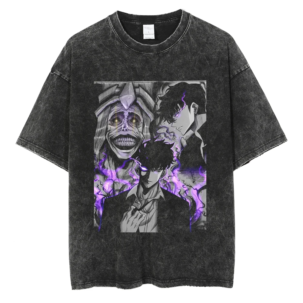 Men's Women's Vintage Washed Cotton T Shirt Streetwear Anime Solo Leveling Graphic Print Tops Harajuku Loose Short Sleeve Tees