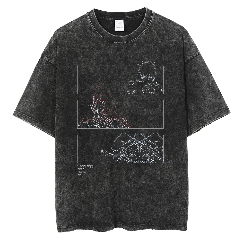 Men's Women's Vintage Washed Cotton T Shirt Streetwear Anime Solo Leveling Graphic Print Tops Harajuku Loose Short Sleeve Tees