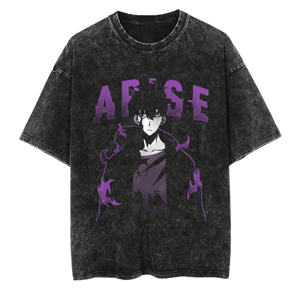 Men's Women's Vintage Washed Cotton T Shirt Streetwear Anime Solo Leveling Graphic Print Tops Harajuku Loose Short Sleeve Tees