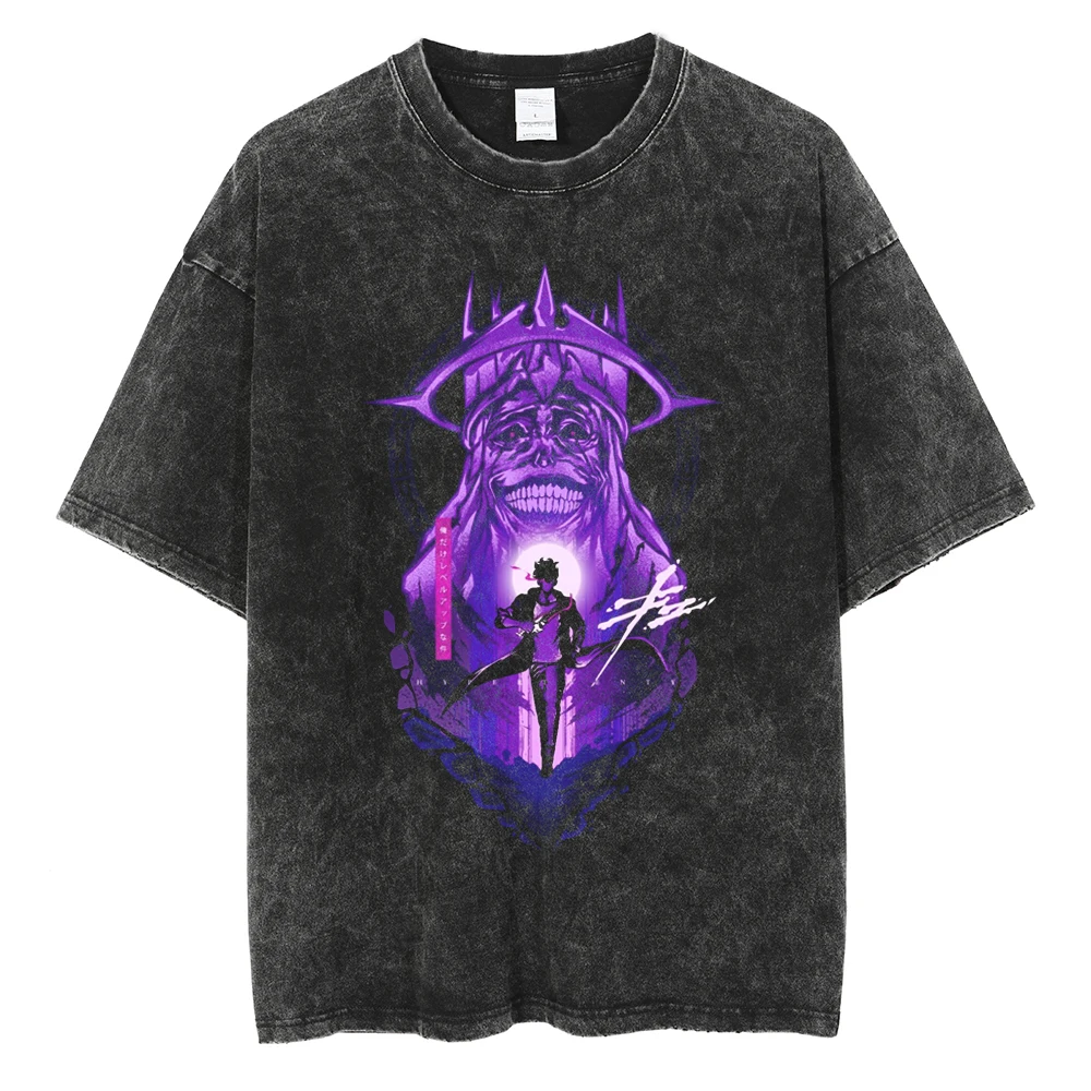 Men's Women's Vintage Washed Cotton T Shirt Streetwear Anime Solo Leveling Graphic Print Tops Harajuku Loose Short Sleeve Tees