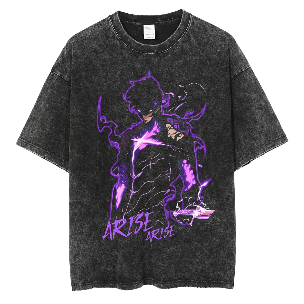 Men's Women's Vintage Washed Cotton T Shirt Streetwear Anime Solo Leveling Graphic Print Tops Harajuku Loose Short Sleeve Tees