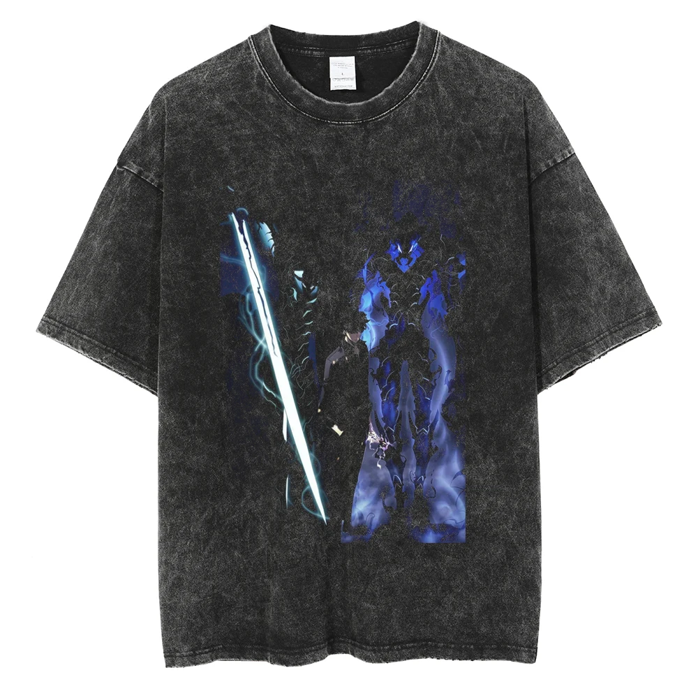 Men's Women's Vintage Washed Cotton T Shirt Streetwear Anime Solo Leveling Graphic Print Tops Harajuku Loose Short Sleeve Tees