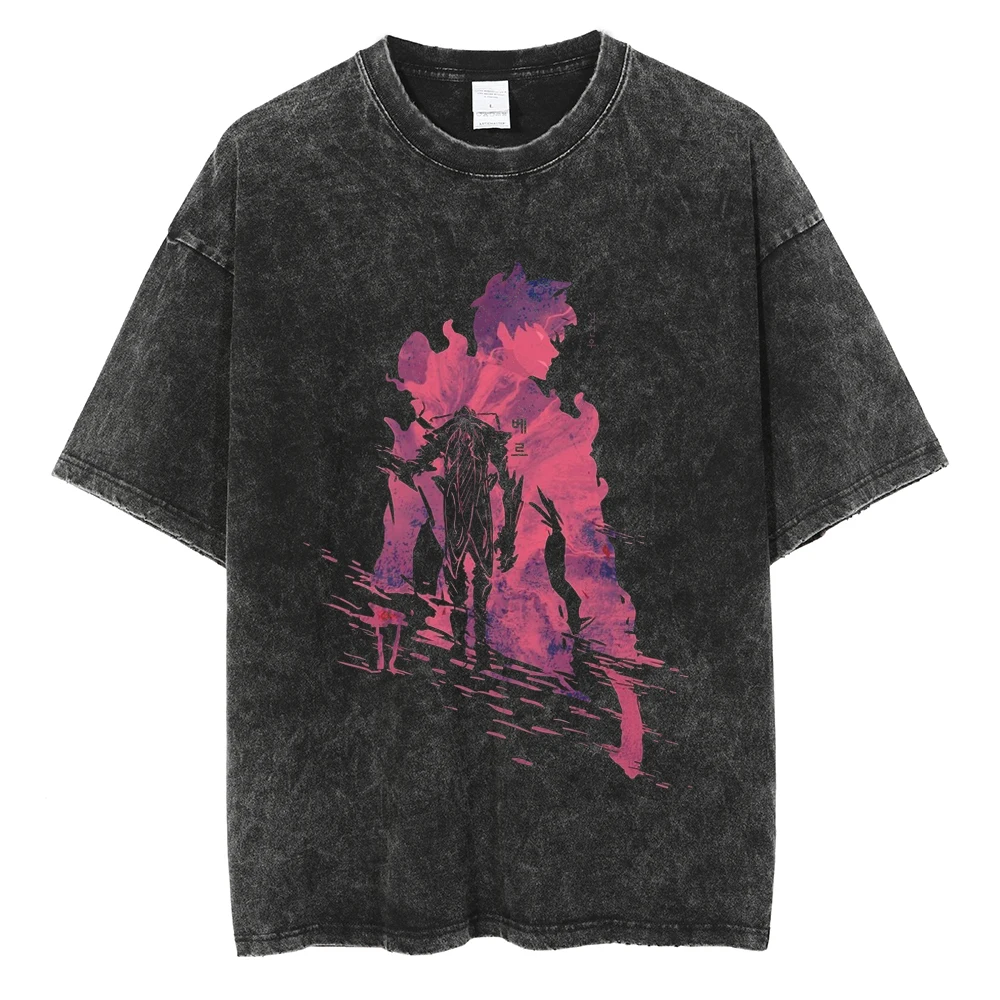 Men's Women's Vintage Washed Cotton T Shirt Streetwear Anime Solo Leveling Graphic Print Tops Harajuku Loose Short Sleeve Tees