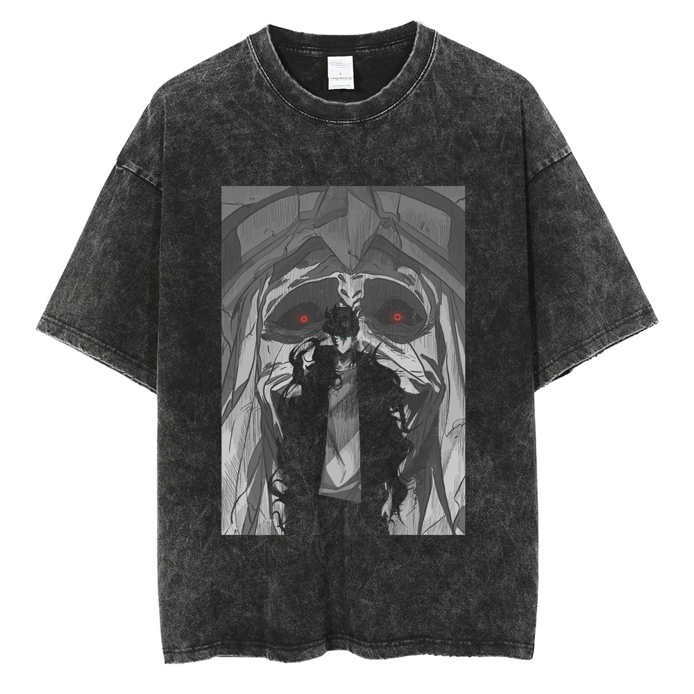 Men's Women's Vintage Washed Cotton T Shirt Streetwear Anime Solo Leveling Graphic Print Tops Harajuku Loose Short Sleeve Tees