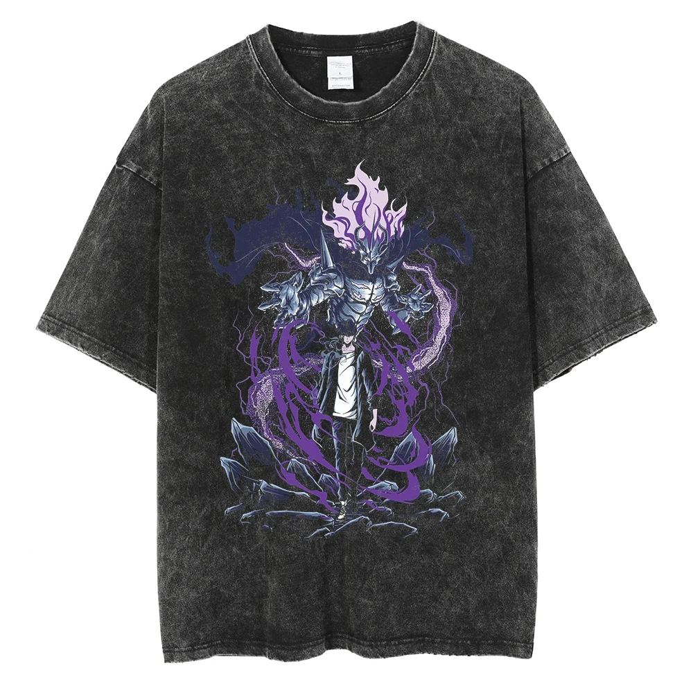 Men's Women's Vintage Washed Cotton T Shirt Streetwear Anime Solo Leveling Graphic Print Tops Harajuku Loose Short Sleeve Tees