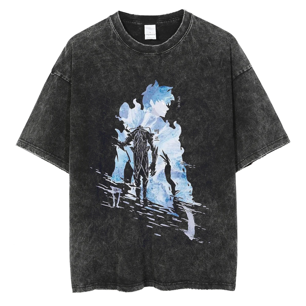 Men's Women's Vintage Washed Cotton T Shirt Streetwear Anime Solo Leveling Graphic Print Tops Harajuku Loose Short Sleeve Tees