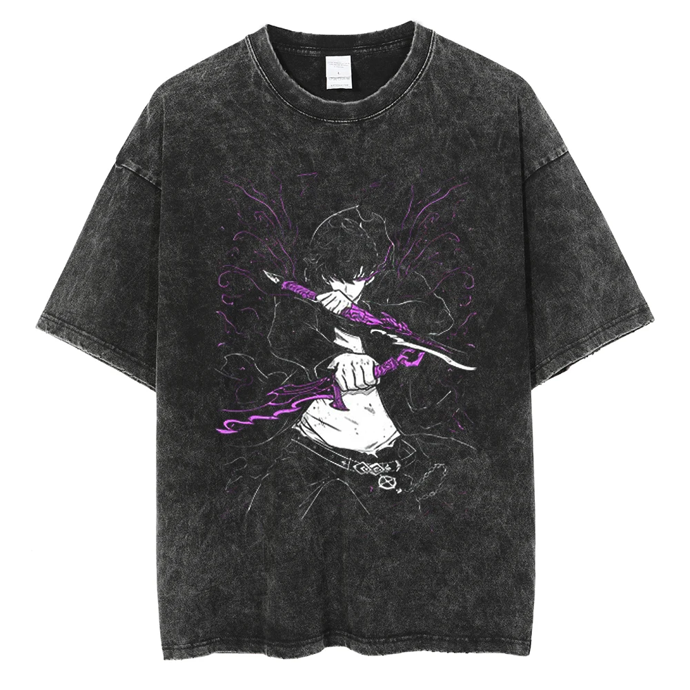 Men's Women's Vintage Washed Cotton T Shirt Streetwear Anime Solo Leveling Graphic Print Tops Harajuku Loose Short Sleeve Tees