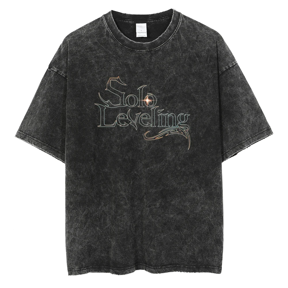 Men's Women's Vintage Washed Cotton T Shirt Streetwear Anime Solo Leveling Graphic Print Tops Harajuku Loose Short Sleeve Tees