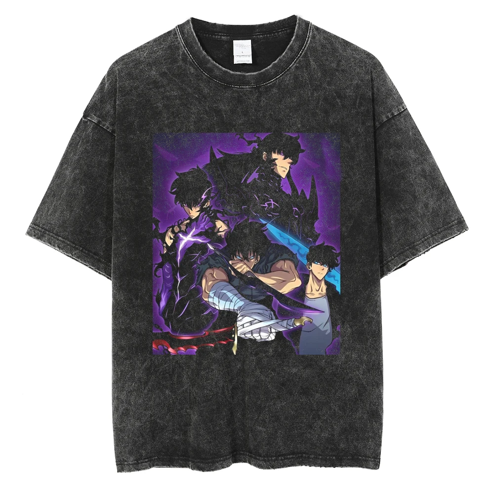 Men's Women's Vintage Washed Cotton T Shirt Streetwear Anime Solo Leveling Graphic Print Tops Harajuku Loose Short Sleeve Tees