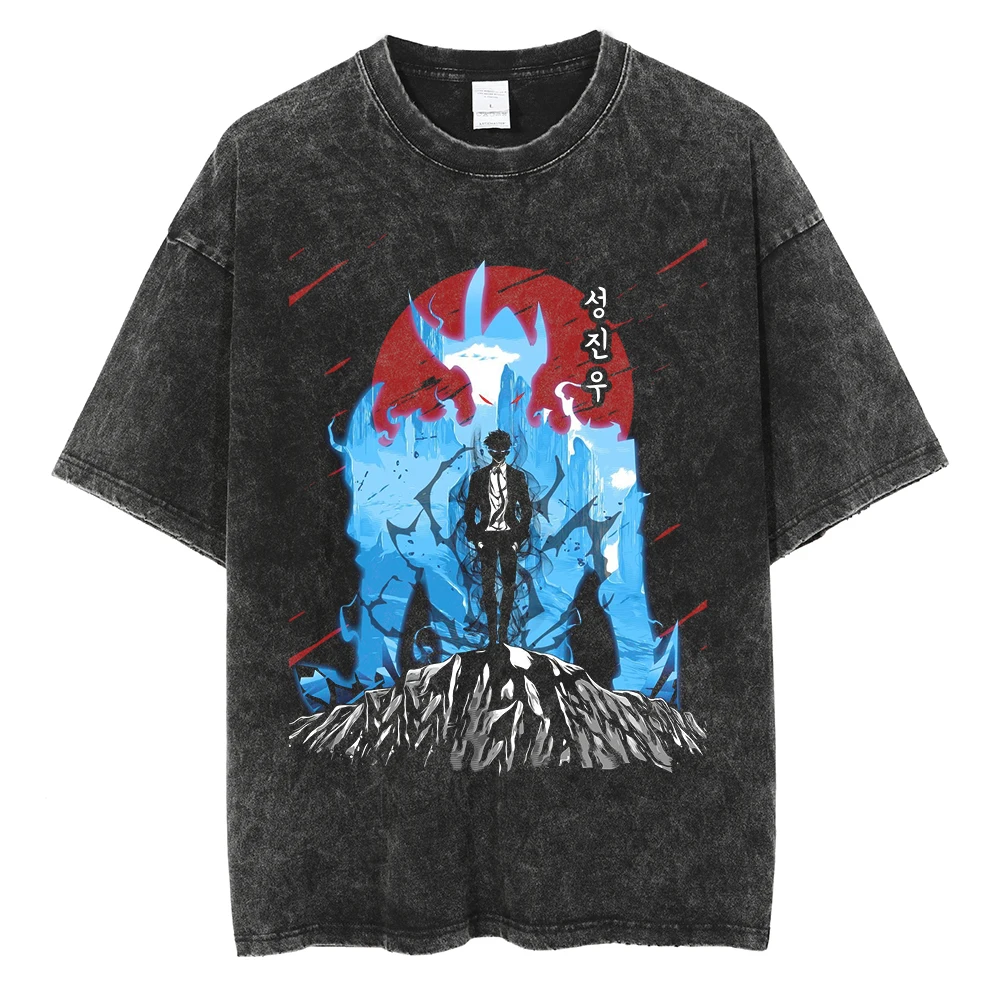 Men's Women's Vintage Washed Cotton T Shirt Streetwear Anime Solo Leveling Graphic Print Tops Harajuku Loose Short Sleeve Tees
