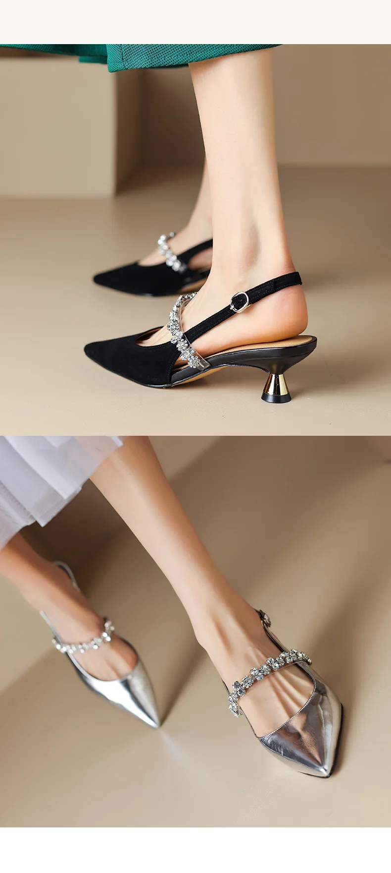 Women Sandals Ladies Sexy Buckle Rhinestone High Heels Female Casual Shoes Golden Silver Point Toe Trend Summer Pumps2025