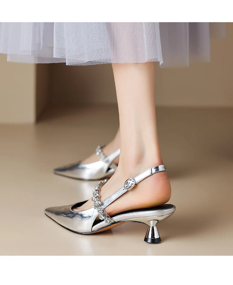 Women Sandals Ladies Sexy Buckle Rhinestone High Heels Female Casual Shoes Golden Silver Point Toe Trend Summer Pumps2025