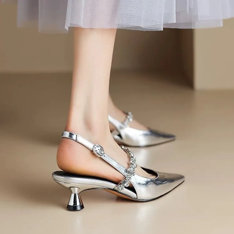 Women Sandals Ladies Sexy Buckle Rhinestone High Heels Female Casual Shoes Golden Silver Point Toe Trend Summer Pumps2025