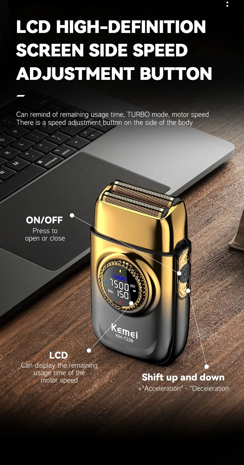 Kemei Professional Reciprocating Shaver Turbo High Speed Electric Foil Razor USB TYPE-C Gifts Men Bald Head Close Shave Trimmer