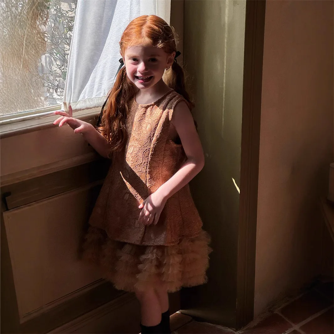 Slip Dress 2025 Spring and Summer New Solid Color Fashion Style Sleeveless Lace Puff Dress Kids Clothes Girls