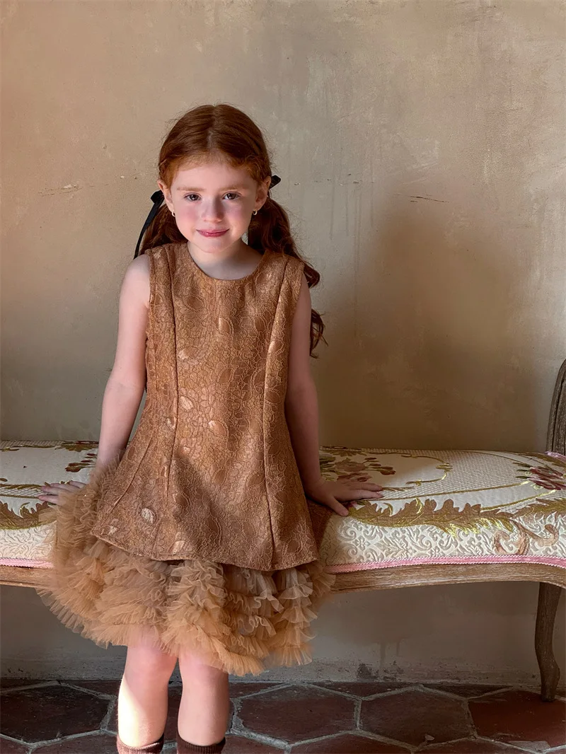 Slip Dress 2025 Spring and Summer New Solid Color Fashion Style Sleeveless Lace Puff Dress Kids Clothes Girls