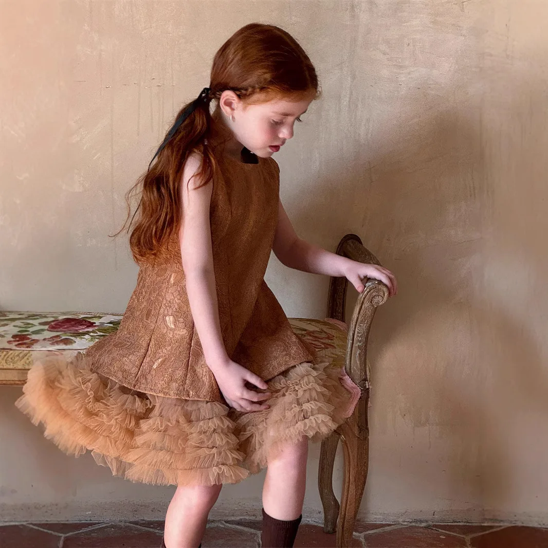 Slip Dress 2025 Spring and Summer New Solid Color Fashion Style Sleeveless Lace Puff Dress Kids Clothes Girls