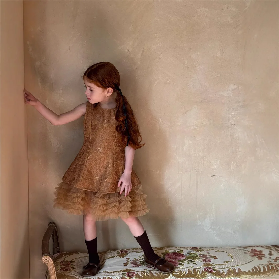 Slip Dress 2025 Spring and Summer New Solid Color Fashion Style Sleeveless Lace Puff Dress Kids Clothes Girls