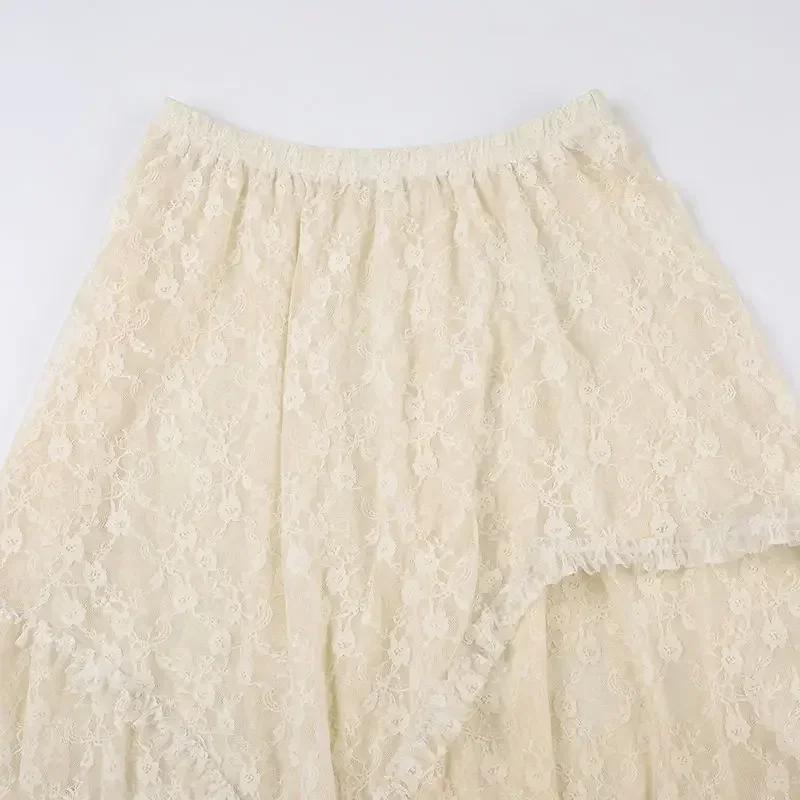 Fairycore Lace Asymmetrical Skirt Women 2026 High Waist Vintage Y2K Boho Aesthetic Midi Skirt Summer Holiday Beach Outfits