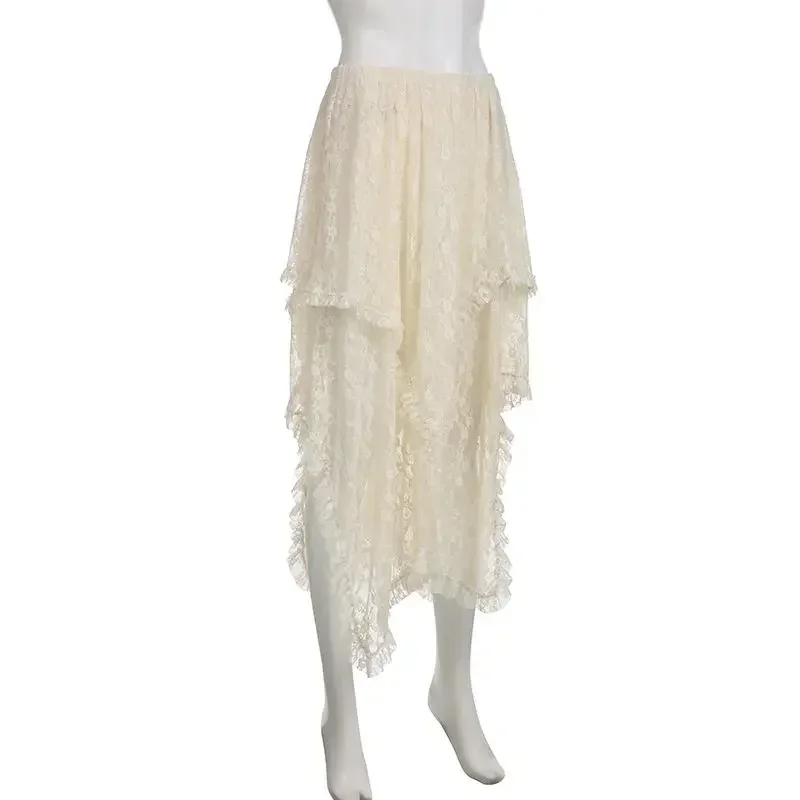 Fairycore Lace Asymmetrical Skirt Women 2026 High Waist Vintage Y2K Boho Aesthetic Midi Skirt Summer Holiday Beach Outfits