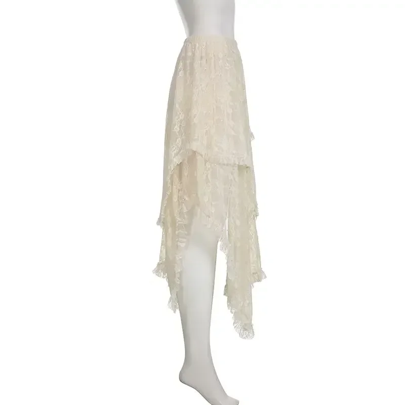 Fairycore Lace Asymmetrical Skirt Women 2026 High Waist Vintage Y2K Boho Aesthetic Midi Skirt Summer Holiday Beach Outfits