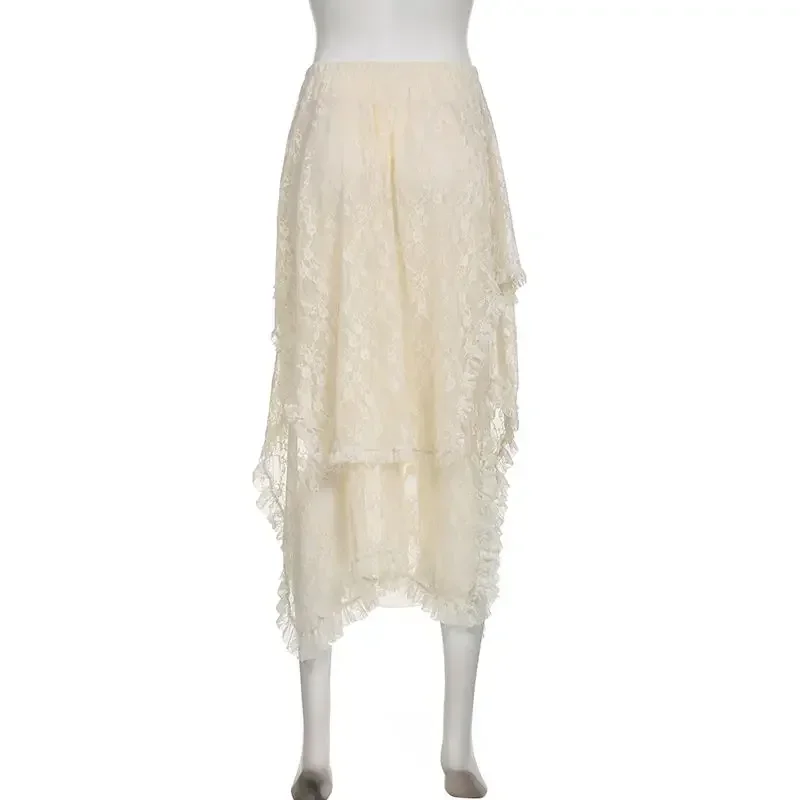 Fairycore Lace Asymmetrical Skirt Women 2026 High Waist Vintage Y2K Boho Aesthetic Midi Skirt Summer Holiday Beach Outfits
