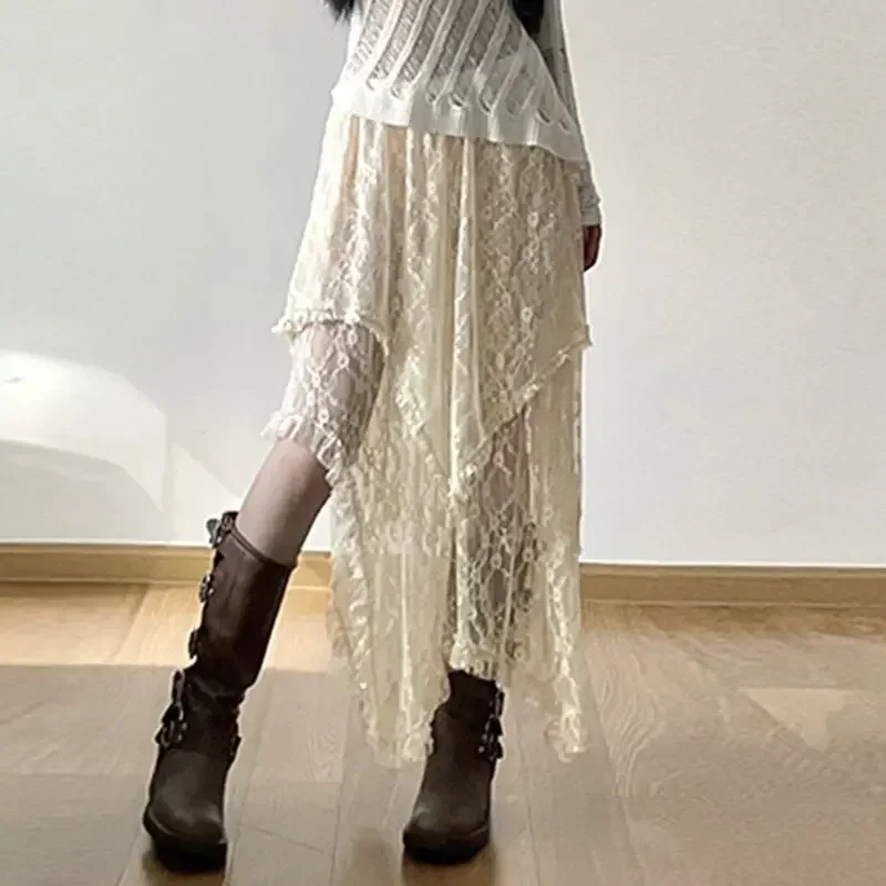 Fairycore Lace Asymmetrical Skirt Women 2026 High Waist Vintage Y2K Boho Aesthetic Midi Skirt Summer Holiday Beach Outfits