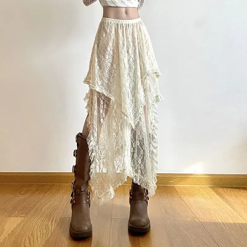 Fairycore Lace Asymmetrical Skirt Women 2026 High Waist Vintage Y2K Boho Aesthetic Midi Skirt Summer Holiday Beach Outfits