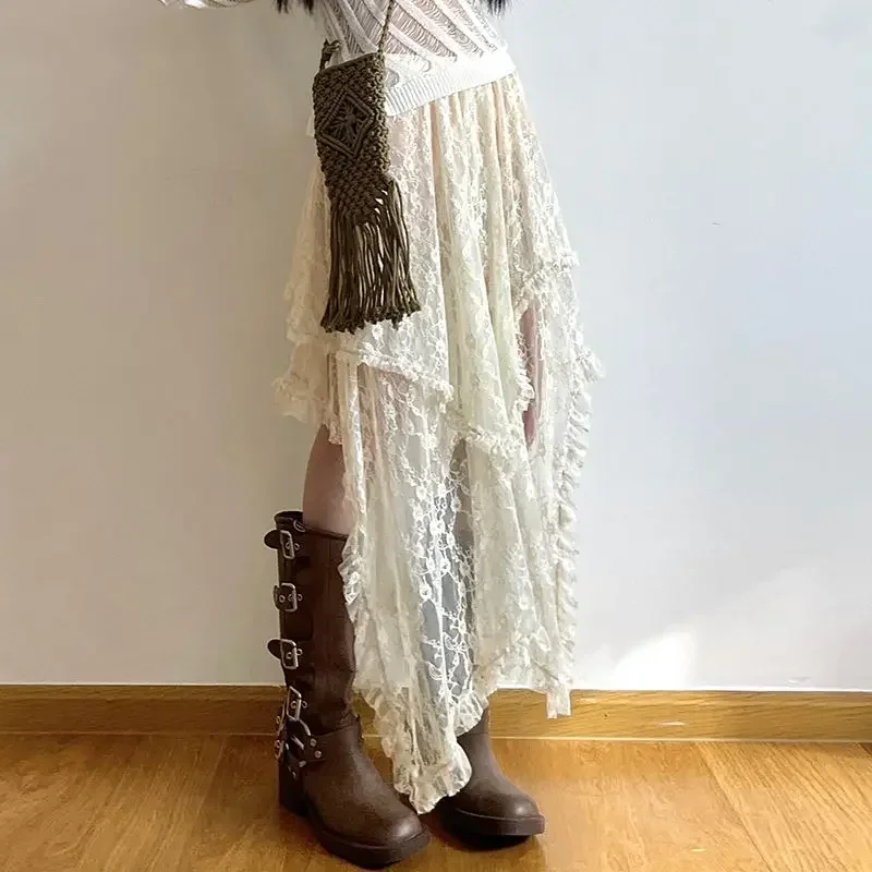 Fairycore Lace Asymmetrical Skirt Women 2026 High Waist Vintage Y2K Boho Aesthetic Midi Skirt Summer Holiday Beach Outfits