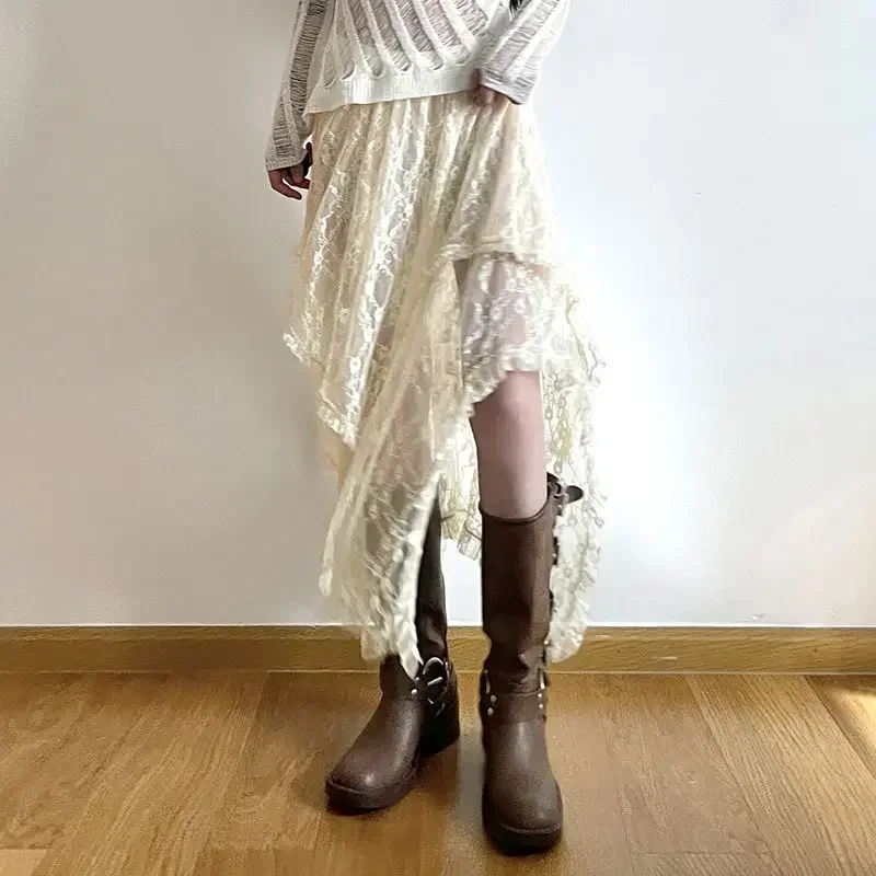 Fairycore Lace Asymmetrical Skirt Women 2026 High Waist Vintage Y2K Boho Aesthetic Midi Skirt Summer Holiday Beach Outfits