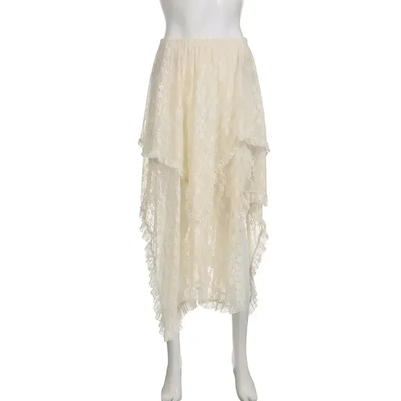 Fairycore Lace Asymmetrical Skirt Women 2026 High Waist Vintage Y2K Boho Aesthetic Midi Skirt Summer Holiday Beach Outfits