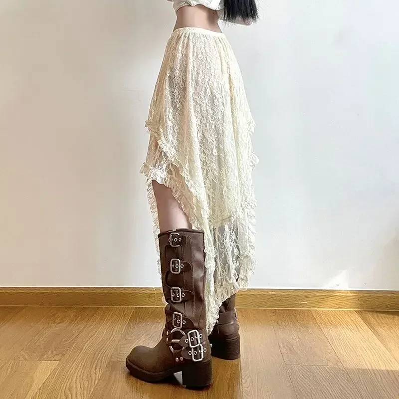 Fairycore Lace Asymmetrical Skirt Women 2026 High Waist Vintage Y2K Boho Aesthetic Midi Skirt Summer Holiday Beach Outfits