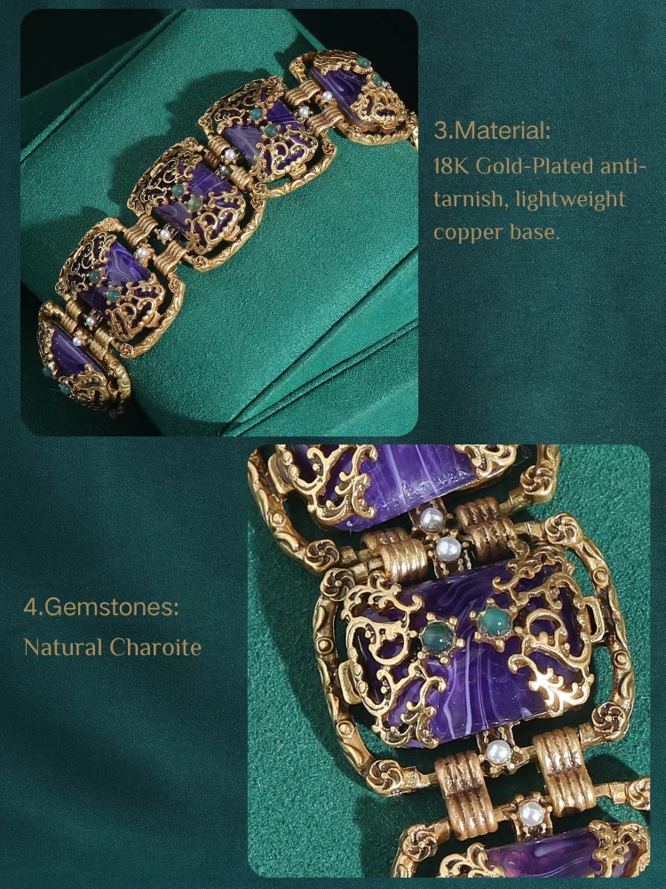 Vintage Bracelet for Women Antique Jewelry Purple Square Glass Gold Color Hollow Accessories New Luxury Charm Accessories Retro