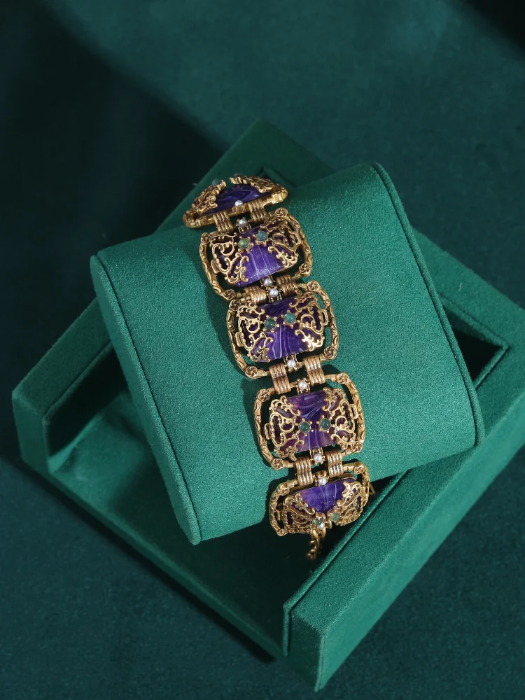 Vintage Bracelet for Women Antique Jewelry Purple Square Glass Gold Color Hollow Accessories New Luxury Charm Accessories Retro