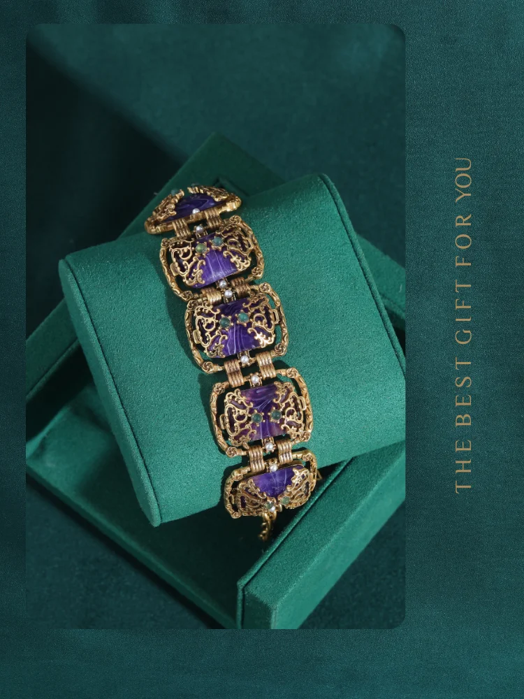 Vintage Bracelet for Women Antique Jewelry Purple Square Glass Gold Color Hollow Accessories New Luxury Charm Accessories Retro