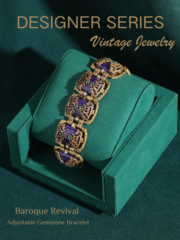 Vintage Bracelet for Women Antique Jewelry Purple Square Glass Gold Color Hollow Accessories New Luxury Charm Accessories Retro