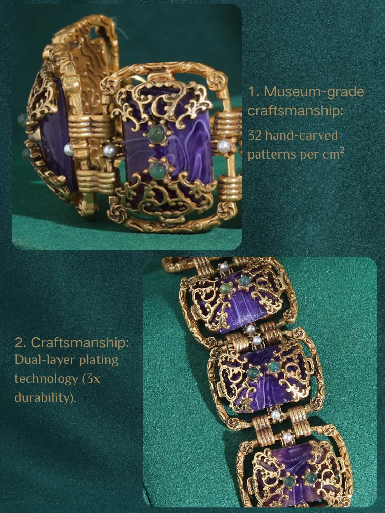 Vintage Bracelet for Women Antique Jewelry Purple Square Glass Gold Color Hollow Accessories New Luxury Charm Accessories Retro