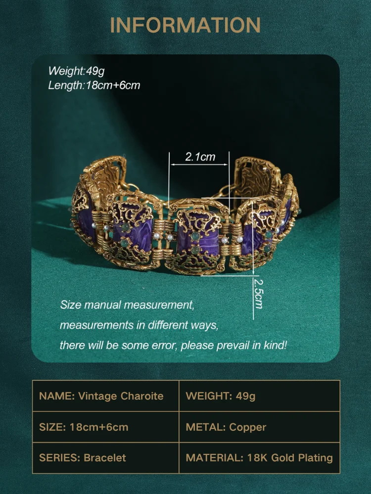 Vintage Bracelet for Women Antique Jewelry Purple Square Glass Gold Color Hollow Accessories New Luxury Charm Accessories Retro