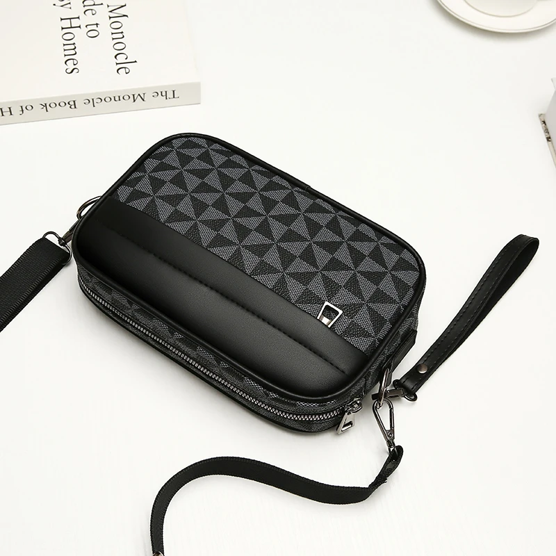 Fashion Business Shoulder Bag PU Leather Men Clutch Bag Wide Strap Crossbody Bag Designer Casual Male Messenger Pack Phone Purse