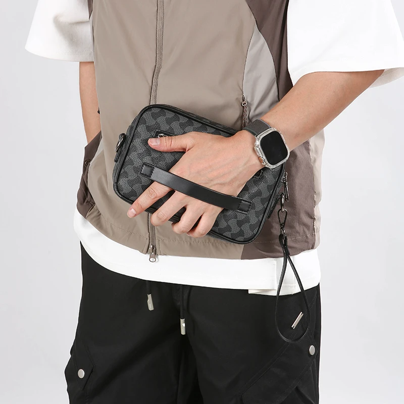 Fashion Business Shoulder Bag PU Leather Men Clutch Bag Wide Strap Crossbody Bag Designer Casual Male Messenger Pack Phone Purse