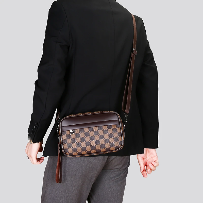 Fashion Business Shoulder Bag PU Leather Men Clutch Bag Wide Strap Crossbody Bag Designer Casual Male Messenger Pack Phone Purse