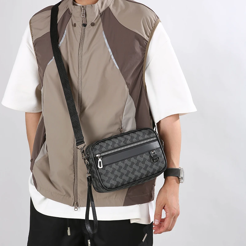 Fashion Business Shoulder Bag PU Leather Men Clutch Bag Wide Strap Crossbody Bag Designer Casual Male Messenger Pack Phone Purse