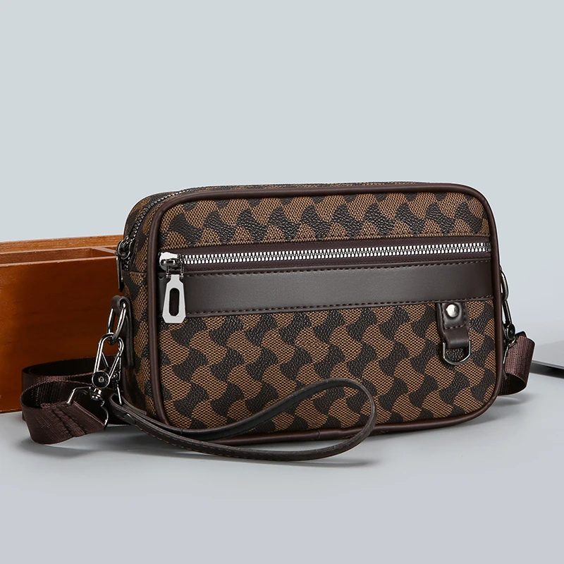 Fashion Business Shoulder Bag PU Leather Men Clutch Bag Wide Strap Crossbody Bag Designer Casual Male Messenger Pack Phone Purse