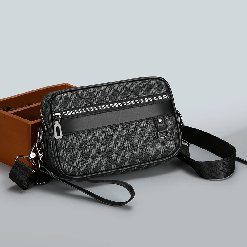 Fashion Business Shoulder Bag PU Leather Men Clutch Bag Wide Strap Crossbody Bag Designer Casual Male Messenger Pack Phone Purse