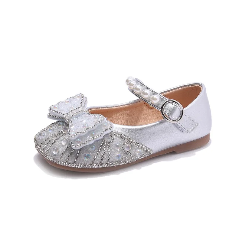 Size 23-34 Silver Bow Cute Princess Flat Shoes for Teenage Girls Casual Low Vamp Student Performance Dance Shoes