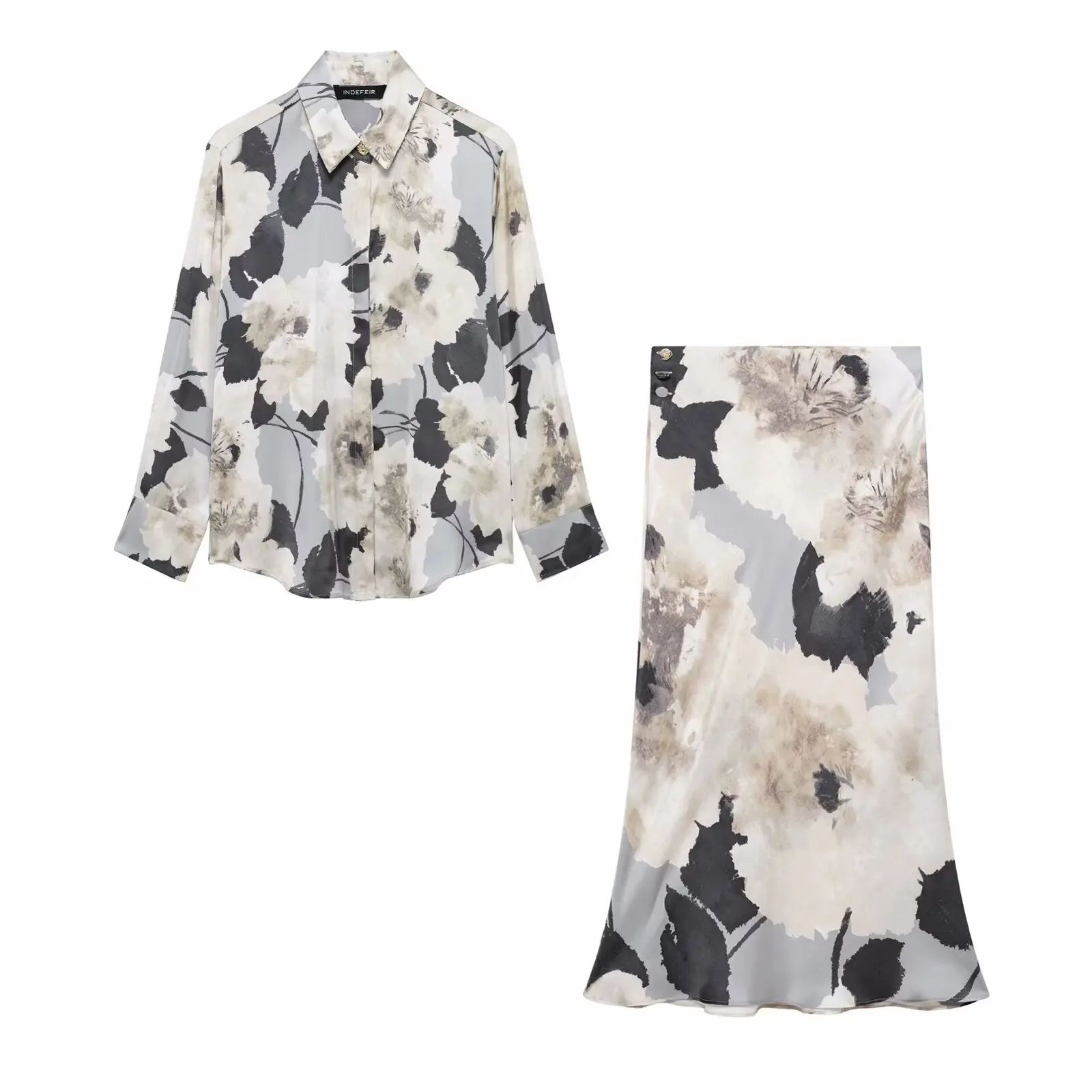 Vintage Women Fashion Skirts Suits Lapel Long Sleeve Print Shirt Top+High Waist 2025 Spring Texture Woman Midi Skirt Set