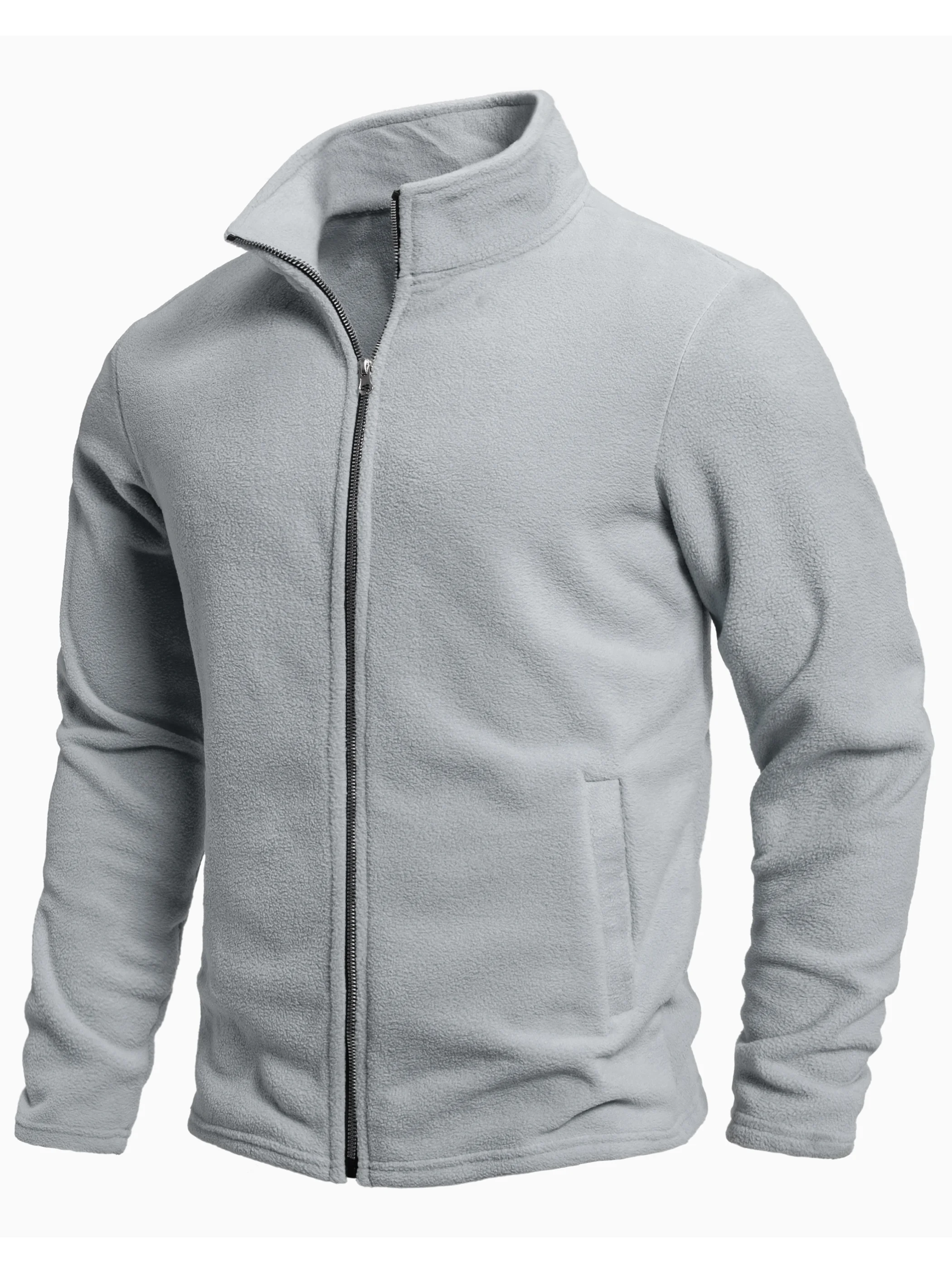 Men's Spring and Autumn Solid Color Fleece Warm Top, Comfortable Zippered Cardigan for Men's Outdoor Leisure
