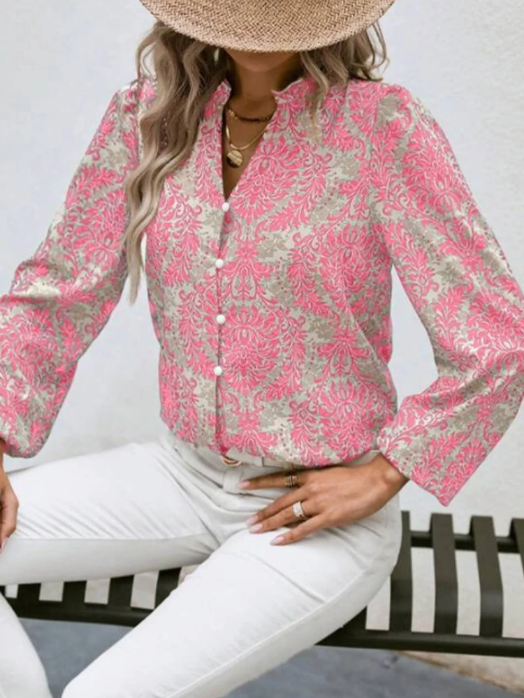 Women's Long Sleeve Shirt V-Neck Embellished Pleated Lantern Sleeves Full Print Button-Up for Summer and Autumn